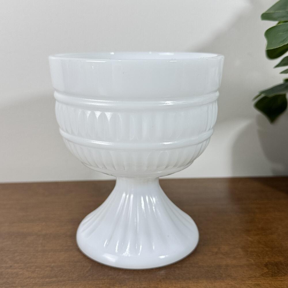 Vintage Milk Glass Pedestal Vase Ribbed Compote Bowl White Mid Century Modern